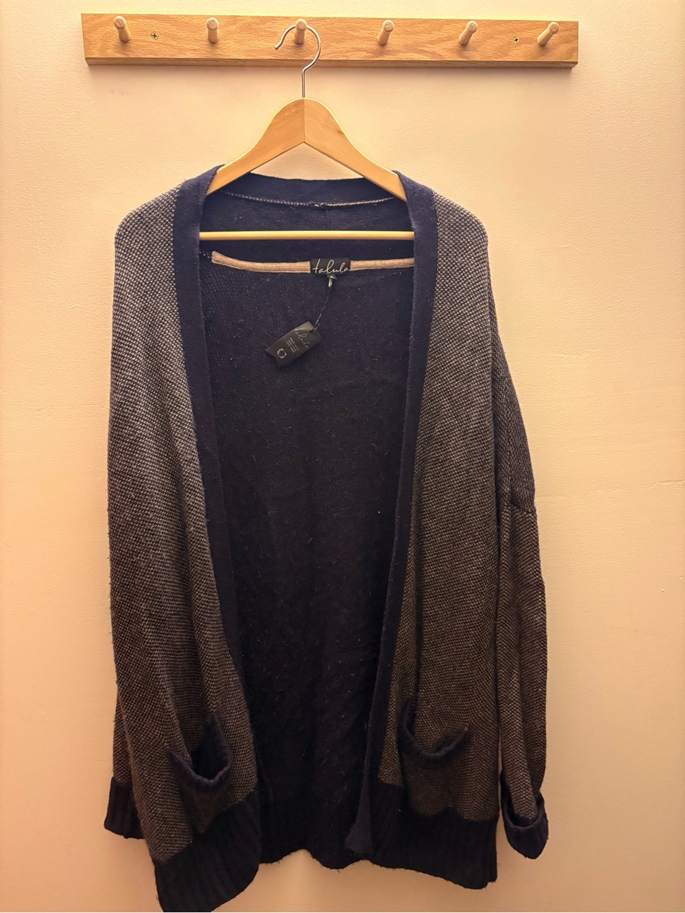 Talula Open-Front Knit Cardigan in Gray and Navy